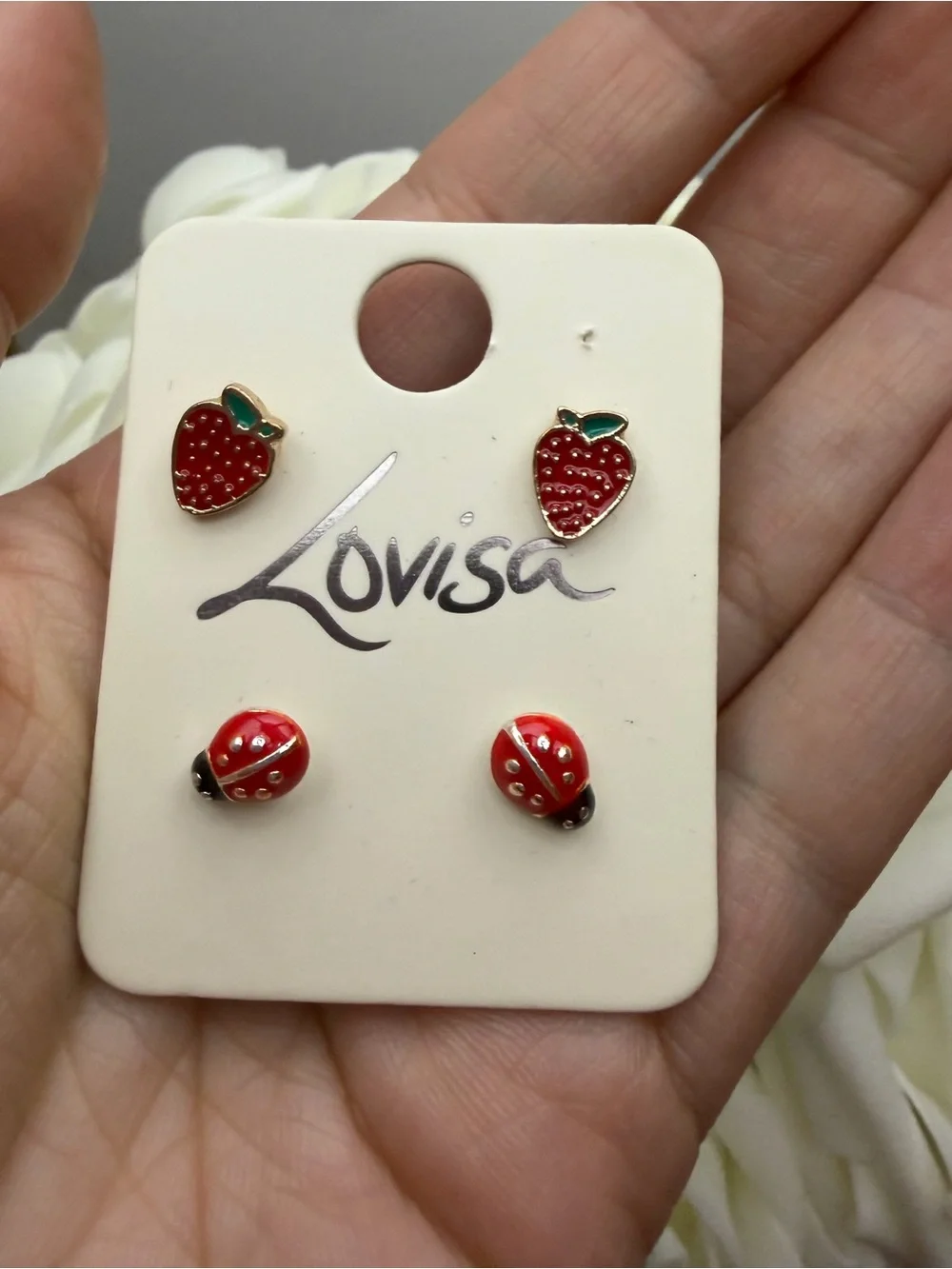 Kids Red Strawberry & Ladybug Earring Set
